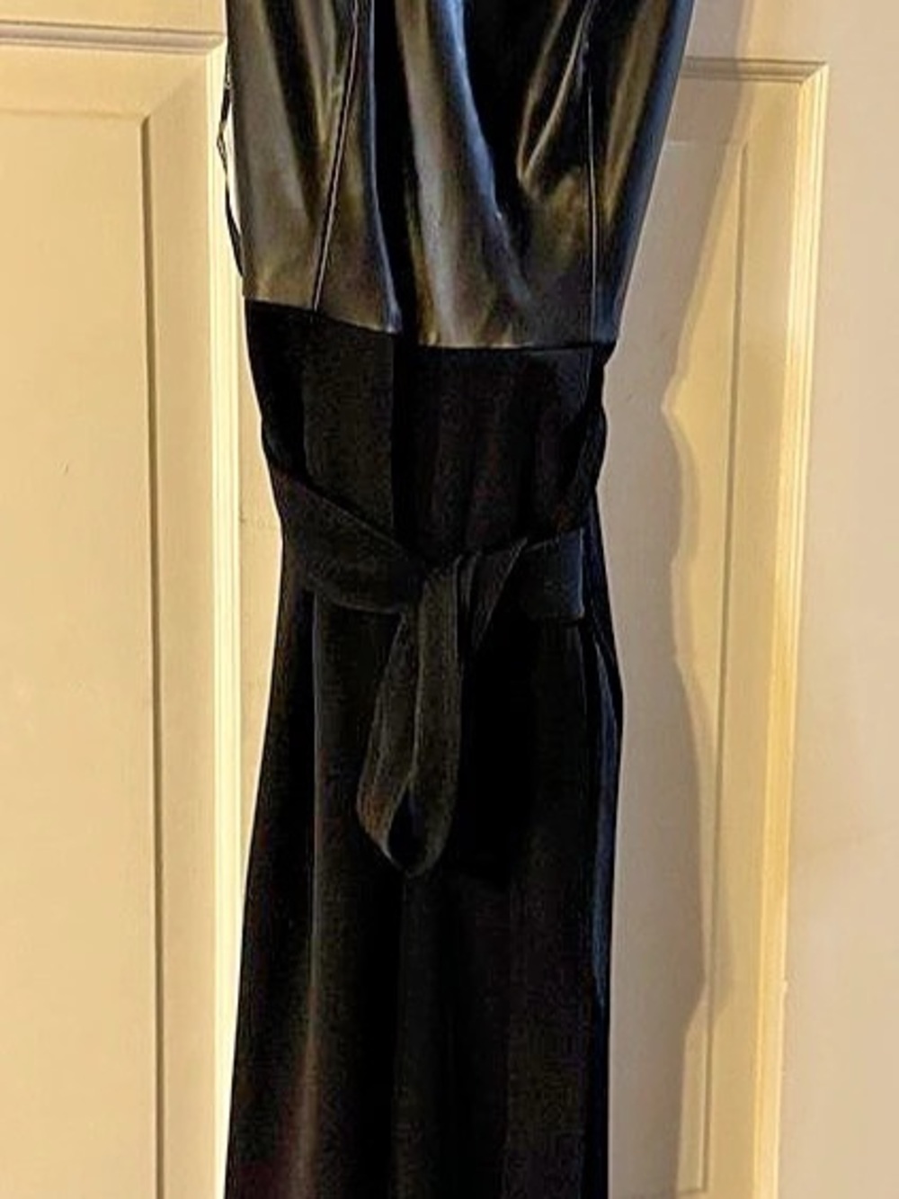 Calvin Klein Black Faux Leather & Crepe Wide Leg Jumpsuit - Size 2